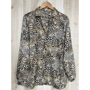Chico's Long Line Button Down Shirt Size 1 Animal Print Sleeve Silky Chic